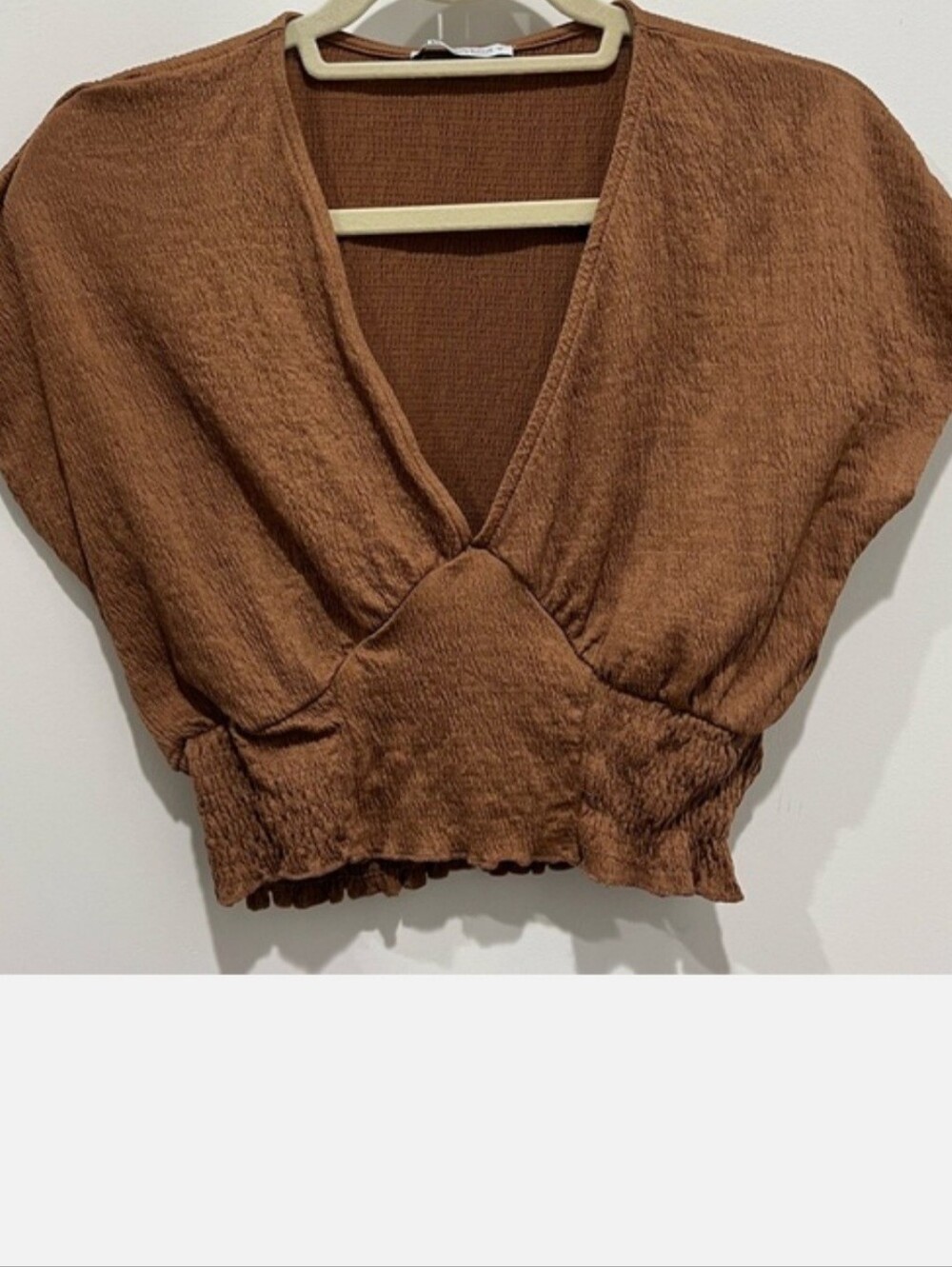 ZARA | Brown V-Neck Smocked Waist Women's Top